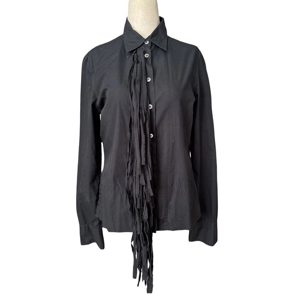 Peachoo + Krejberg Fringe Button Up Shirt Top Women's Sz 4 38 Black 100% Cotton